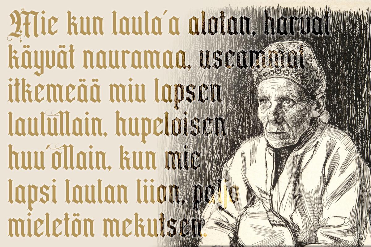 Eero Järnefeltin tekemän grafiikan yhteydessä ote Larin Paraskeen runolaulusta.